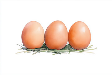Fresh organic eggs in straw nest, vintage illustration, watercolor effect, isolated on white background