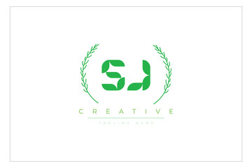 SJ letters eco logo with leaf. Fresh nature and healthy leaf logo design.