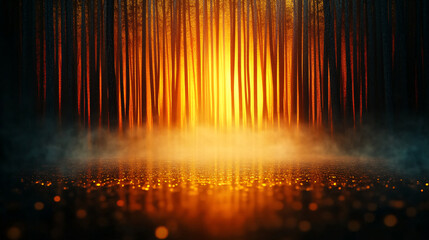 Enchanting misty forest at sunset with glowing trees and reflections. warm light creates magical atmosphere, enhancing serene beauty of nature