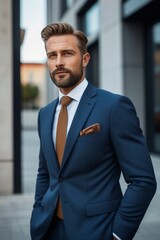 Fototapeta premium arafed man in a blue suit and brown tie standing outside