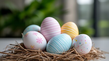 Obraz premium Easter day celebration with pastel tone eggs in nest indoor setting colorful display