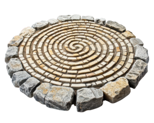 Intricate stone labyrinth design with circular pattern, isolated on transparency background, showcasing artistic craftsmanship and natural materials