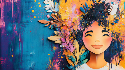 vibrant figurative artwork celebrating diversity with joyful woman surrounded by colorful foliage and abstract patterns. piece radiates positivity and inclusivity