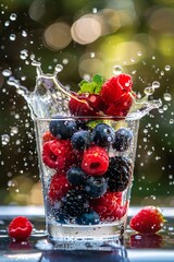 Raspberries and blueberries are making a big impact in a glass of water