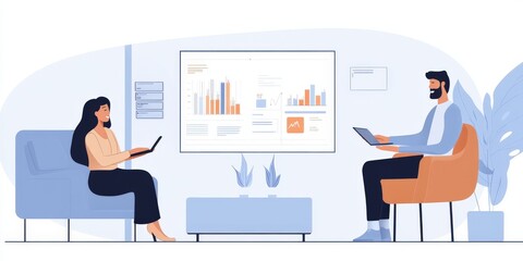 A modern financial advisor presenting investment strategies to a couple, engaging discussion with financial charts on a screen