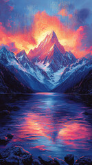 Surreal mountain range with pixelated peaks shifting in neon colors and earthy tones, blending natural rocky terrain with digital data streams and binary code, merging nature with the digital world
