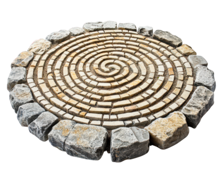 Intricate stone labyrinth design with circular pattern, isolated on transparency background, showcasing artistic craftsmanship and natural materials