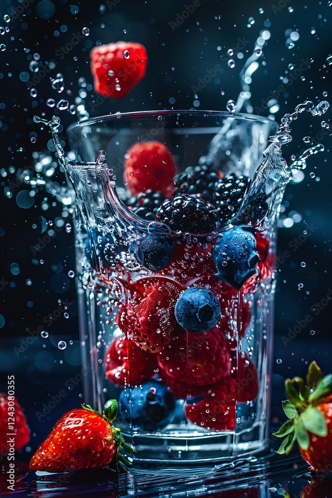 Aufkleber fresh berries splashing in a glass of water creating a refreshing summer beverage