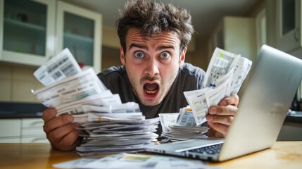 A man overwhelmed by receipts and bills at his laptop, expressing frustration.