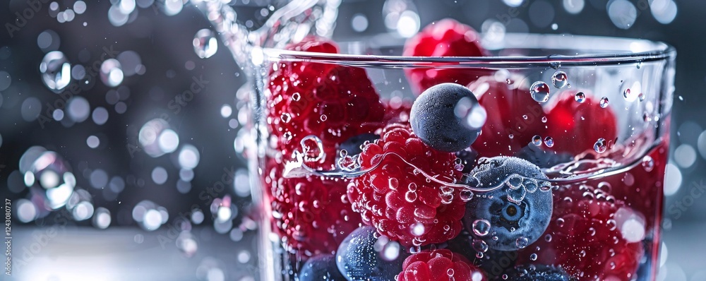 Aufkleber raspberries and blueberries make a big impact as they drop into a glass of sparkling water