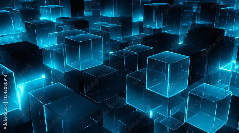 Poster Close-up of an amazing structure made of semitransparent shapes in blue and black, ideal for futuristic displays.

