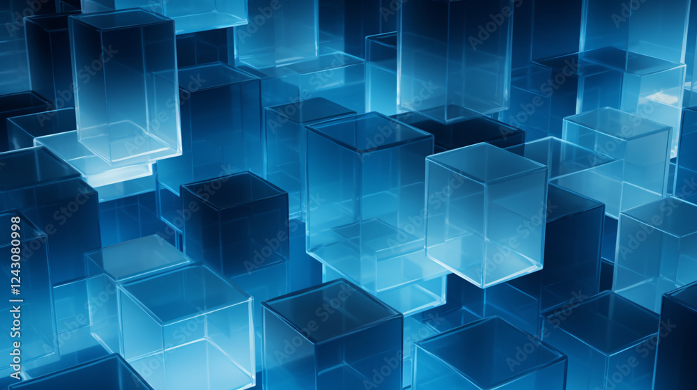 Poster close-up of an amazing structure made of semitransparent shapes in blue and black, ideal for futuris