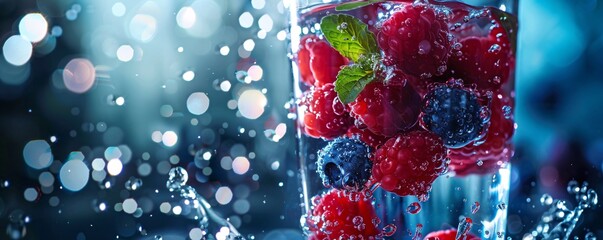 Glass of water with fresh raspberries and blueberries being splashed on blue background with bokeh