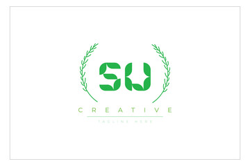 SU letters eco logo with leaf. Fresh nature and healthy leaf logo design.