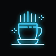 Neon sign of a steaming hot beverage in a mug on a saucer, perfect for cafe or restaurant signage