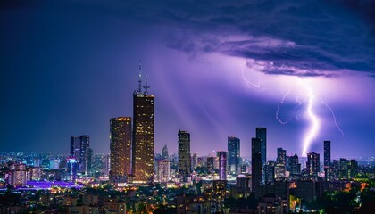 Obraz premium A breathtaking spectacle unfolds as a powerful lightning storm electrifies the night sky over a sprawling cityscape, casting an eerie yet mesmerizing purple glow.