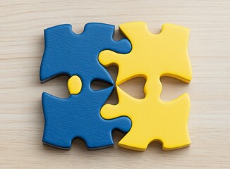 Fototapeta premium 4 yellow and blue puzzle pieces on light wooden background, stock photo,