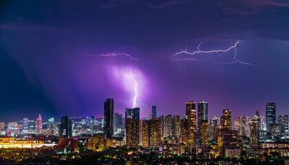 A breathtaking spectacle unfolds as a powerful lightning storm electrifies the night sky over a sprawling cityscape, casting an eerie yet mesmerizing purple glow.