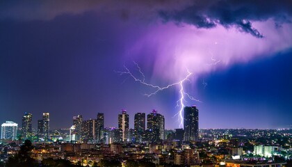 Fototapeta premium A breathtaking spectacle unfolds as a powerful lightning storm electrifies the night sky over a sprawling cityscape, casting an eerie yet mesmerizing purple glow.