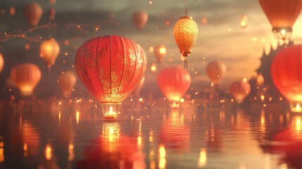 Obraz premium Floating balloons in shades of red and gold, softly illuminated by lanterns in a traditional festival setting.