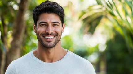 Mediterranean man smiling in tropical garden setting. Perfect for wellness coaching, personal development, and lifestyle content creation.