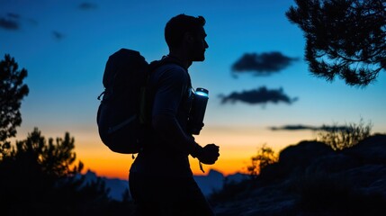 A male runner silhouetted against the fading light of the Dolomites, his hydration pack and headlamp glowing as he climbs a rocky trail. 