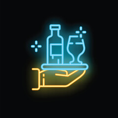 Neon signboard illustration of a waiter hand holding a tray with a bottle and a glass, ideal for bar or restaurant
