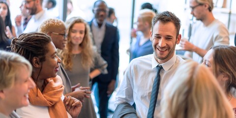 Diverse group of business people networking at a social event. Smiling people engaged in conversation. Professional setting with social event. Diverse startup business people at networking event.