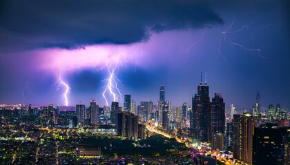 Fototapeta premium A breathtaking spectacle unfolds as a powerful lightning storm electrifies the night sky over a sprawling cityscape, casting an eerie yet mesmerizing purple glow.
