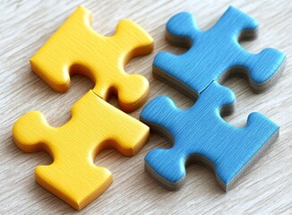 Fototapeta premium 4 yellow and blue puzzle pieces on light wooden background, stock photo,