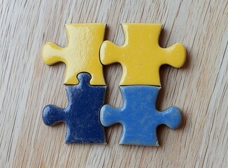 Fototapeta premium 4 yellow and blue puzzle pieces on light wooden background, stock photo,