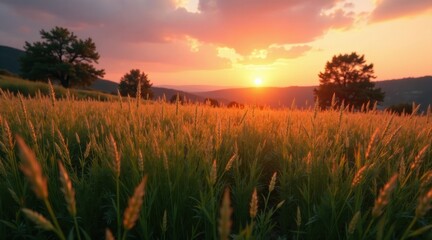 Golden Hour Serenity A Field of Tall Grass Bathed in the Warm Glow of a Sunset, Silhouetted Trees and Distant Rolling Hills