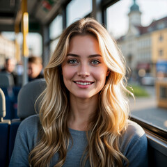 Obraz premium young blonde woman sitting on a bus by the window looks at me and smiles