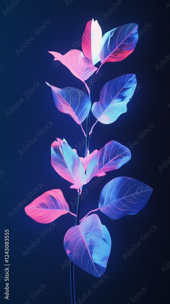 Poster vibrant leaves glow in shades of pink and blue against a dark backdrop, creating a mesmerizing contr