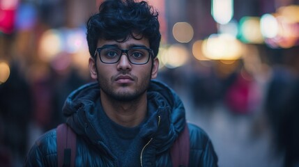 Young South Asian man with glasses in urban night setting. Ideal for urban lifestyle, modern technology, and contemporary professional portraits.