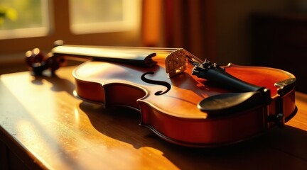 Golden Hour Illumination of a Violin Resting on a Polished Wooden Surface