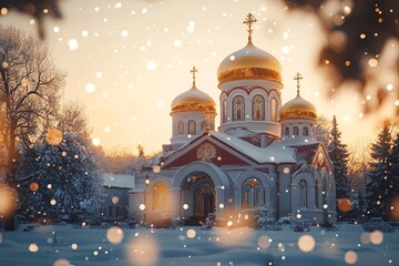 Fototapeta premium A beautiful Greek Orthodox church in the center of the frame, with golden domes and a red roof. The scene is set in winter, with snow falling during the golden hour.