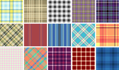 Geometric plaid and checkered patterns designed for textile and fabric use, adding a rustic, old-fashioned touch to clothes and home decor.