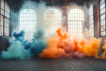 Vibrant Smoke Art Installation  Colorful Explosion in an Industrial Studio 