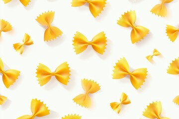 The seamless pattern of yellow bow pasta on a white background, presented as a vector illustration