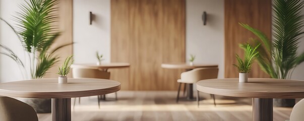 A modern virtual background of a meeting area with round tables comfortable chairs and natural wood accents