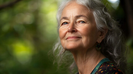 Naklejka premium Elderly woman with a serene face, showing the wisdom of age