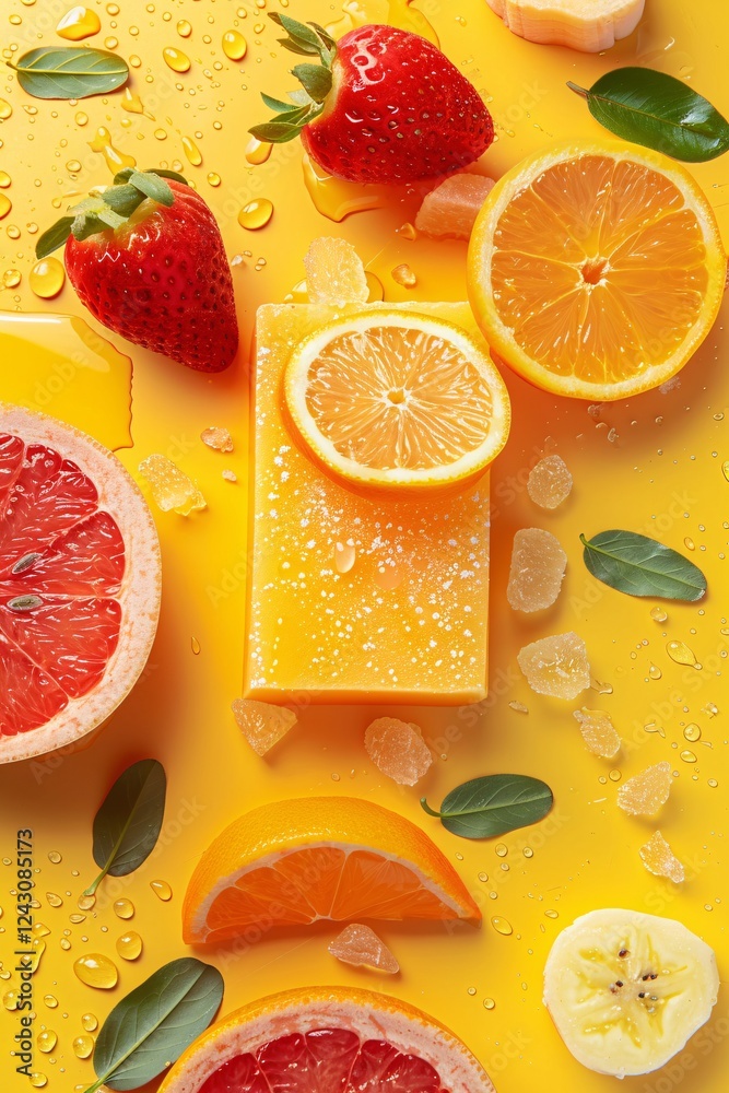 Poster colorful composition showcasing the invigorating and fresh essence of citrus fruits in soap making