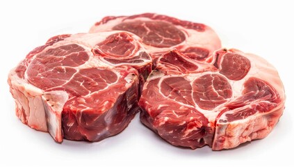Raw beef osso buco against a white background, marbling of meat, raw steak butcher, butchers website