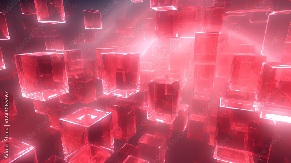 Poster A scene with translucent glowing cubes in pink and white background, perfect for tech presentations.

