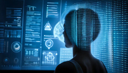 Stunning silhouette of a woman overlaid with digital data streams, showcasing futuristic technology and data analysis.  Perfect for tech, AI, or cybersecurity concepts.