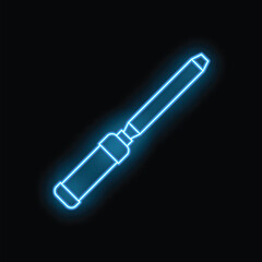 Blue neon soldering iron glowing on a black background