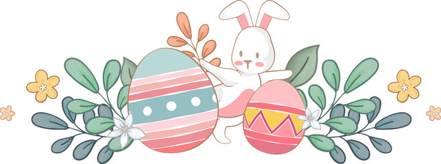 Easter background decoration border design with bunny and eggs, PNG file no background