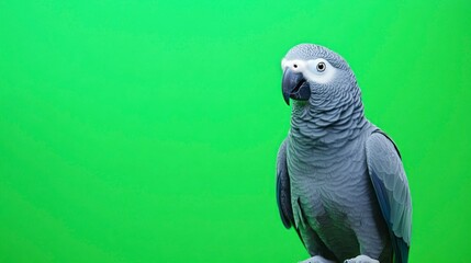 Fototapeta premium Lively african grey parrot talking studio setting gigapixel quality green screen background animal behavior concept