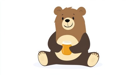 Fototapeta premium Cartoon bear with honey jar sitting on a white background illustration style